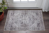 2' X 3' Gray and Ivory Oriental Power Loom Worn Faded Washable Area Rug