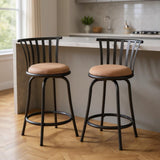Set of Two 24" Khaki And Black Suede Microfiber And Microsuede And Metal Low Back Counter Height Swivel Bar Chairs