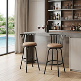 Set of Two 29" Brown And Black Microfiber And Fabric And Metal Low Back Bar Height Swivel Bar Chairs