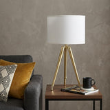 Gold Metal Adjustable Height Tripod Table Lamp With White Drum Shade