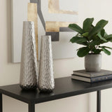 Set of Two Silver Cast Aluminum Textured Table Vases