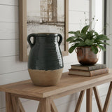 13" Forest Green And Sand Color Block Terracotta Round Jug Vase