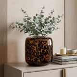 8" Amber And Black Animal Print Glass Round Table Vase