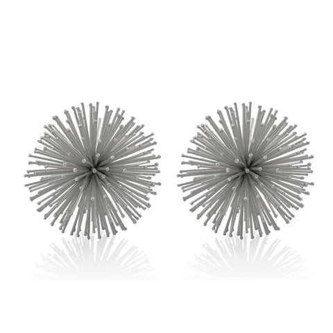 Set of Two Silver Iron Decorative Spiky Sphere Tabletop Sculpture