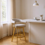 26" Taupe And Gold Fabric And Steel Low Back Counter Height Swivel Bar Chair