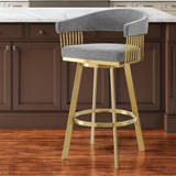 26" Gray And Gold Fabric And Steel Low Back Counter Height Swivel Bar Chair