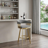 30" Gray And Gold Fabric And Steel Low Back Bar Height Swivel Bar Chair