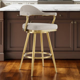 26" Taupe And Gold Fabric And Steel Low Back Counter Height Swivel Bar Chair