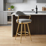 26" Gray And Gold Fabric And Steel Low Back Counter Height Swivel Bar Chair