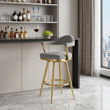 30" Gray And Gold Fabric And Steel Low Back Bar Height Swivel Bar Chair