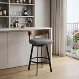 30" Gray Brown And Black Faux Leather And Iron Low Back Bar Height Swivel Bar Chair