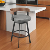 26" Gray And Black Faux Leather And Iron Low Back Counter Height Swivel Bar Chair