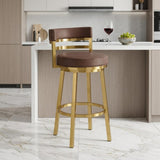 26" Coffee And Gold Faux Leather And Steel Low Back Counter Height Swivel Bar Chair