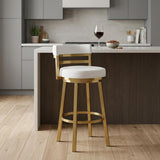 26" White And Gold Faux Leather And Steel Low Back Counter Height Swivel Bar Chair
