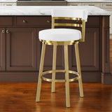 26" White and Gold Faux Leather and Stainless Steel Low Back Counter Height Swivel Bar Chair