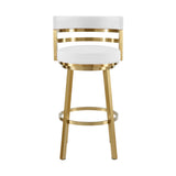26" White and Gold Faux Leather and Stainless Steel Low Back Counter Height Swivel Bar Chair