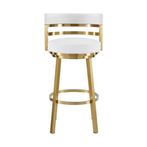 26" White and Gold Faux Leather and Stainless Steel Low Back Counter Height Swivel Bar Chair