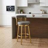 26" Gray And Gold Faux Leather And Steel Low Back Counter Height Swivel Bar Chair
