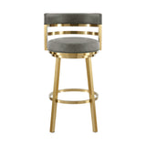 26" Gray and Gold Faux Leather and Stainless Steel Low Back Counter Height Swivel Bar Chair