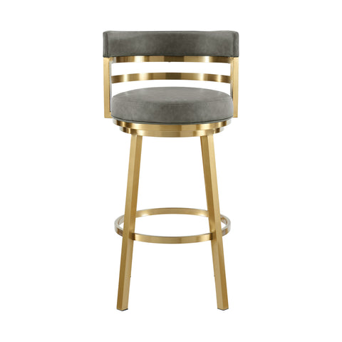 26" Gray and Gold Faux Leather and Stainless Steel Low Back Counter Height Swivel Bar Chair