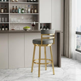30" Gray And Gold Faux Leather And Steel Low Back Bar Height Swivel Bar Chair