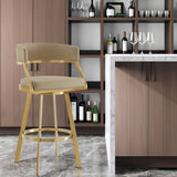 30" Sand And Gold Faux Leather And Steel Low Back Bar Height Swivel Bar Chair