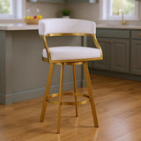 26" White And Gold Faux Leather And Steel Low Back Counter Height Swivel Bar Chair