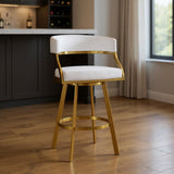 30" White And Gold Faux Leather And Steel Low Back Bar Height Swivel Bar Chair