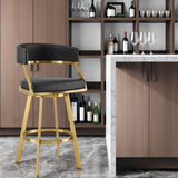 30" Black and Gold Faux Leather and Stainless Steel Low Back Bar Height Swivel Bar Chair