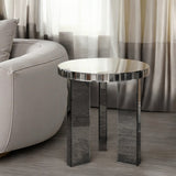 20" Silver And Black Faux Marble And Glass Round Mirrored End Table
