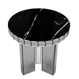 20" Silver And Black Faux Marble And Glass Round Mirrored End Table