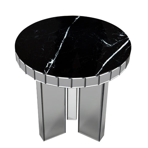 20" Silver And Black Faux Marble And Glass Round Mirrored End Table