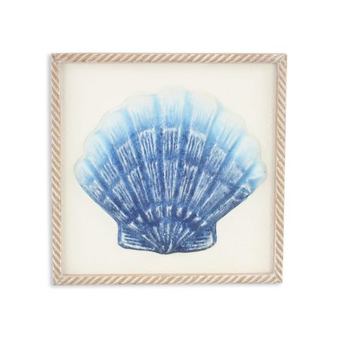 Blue and White Distressed Metal Sea Shell Brown Frame Wall Art