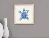 Blue and White Distressed Metal Sea Turtle Brown Frame Wall Art