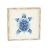 Blue and White Distressed Metal Sea Turtle Brown Frame Wall Art