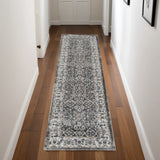 8' Teal Ivory And Gray Floral Medallion Runner Rug
