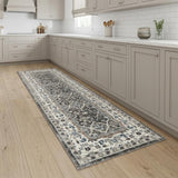 8' Teal Ivory And Gray Floral Medallion Runner Rug