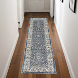 8' Teal Ivory And Gray Floral Medallion Runner Rug