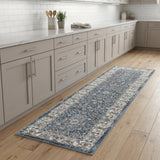 8' Teal Ivory And Gray Floral Medallion Runner Rug
