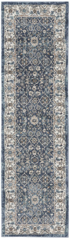 8' Teal Ivory And Gray Floral Medallion Runner Rug