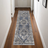 8' Teal Ivory And Gray Floral Medallion Distressed Runner Rug