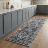 8' Teal Ivory And Gray Floral Medallion Distressed Runner Rug