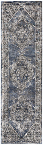8' Teal Ivory And Gray Floral Medallion Distressed Runner Rug