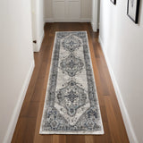 8' Teal Ivory And Gray Floral Medallion Distressed Runner Rug