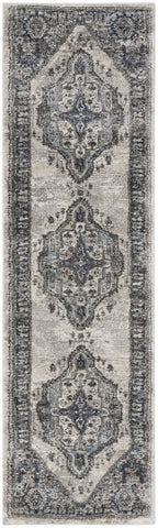 8' Teal Ivory And Gray Floral Medallion Distressed Runner Rug