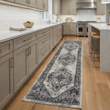 8' Teal Ivory And Gray Floral Medallion Distressed Runner Rug