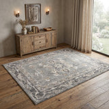 4' X 6' Blue Floral Power Loom Distressed Area Rug