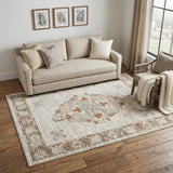 5' X 8' Ivory Floral Power Loom Distressed Area Rug