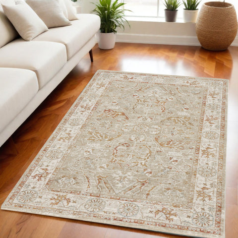 5' X 8' Green Floral Power Loom Distressed Area Rug