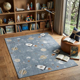 5' X 7' Blue Spaceships Youthful Washable Area Rug